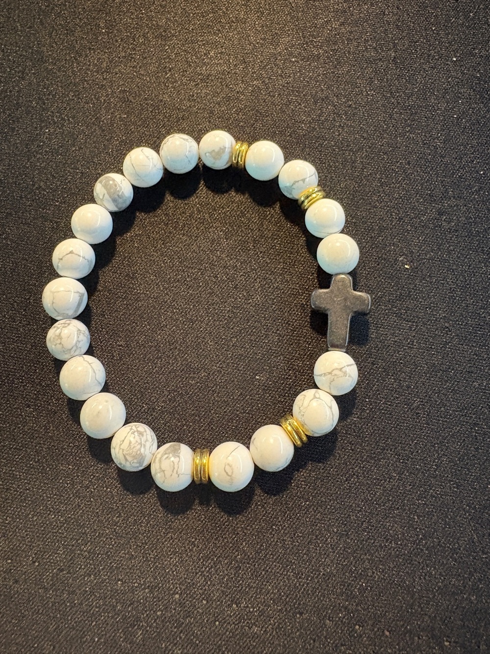 White Howlite Beaded Bracelet with Cross and Gold Accents